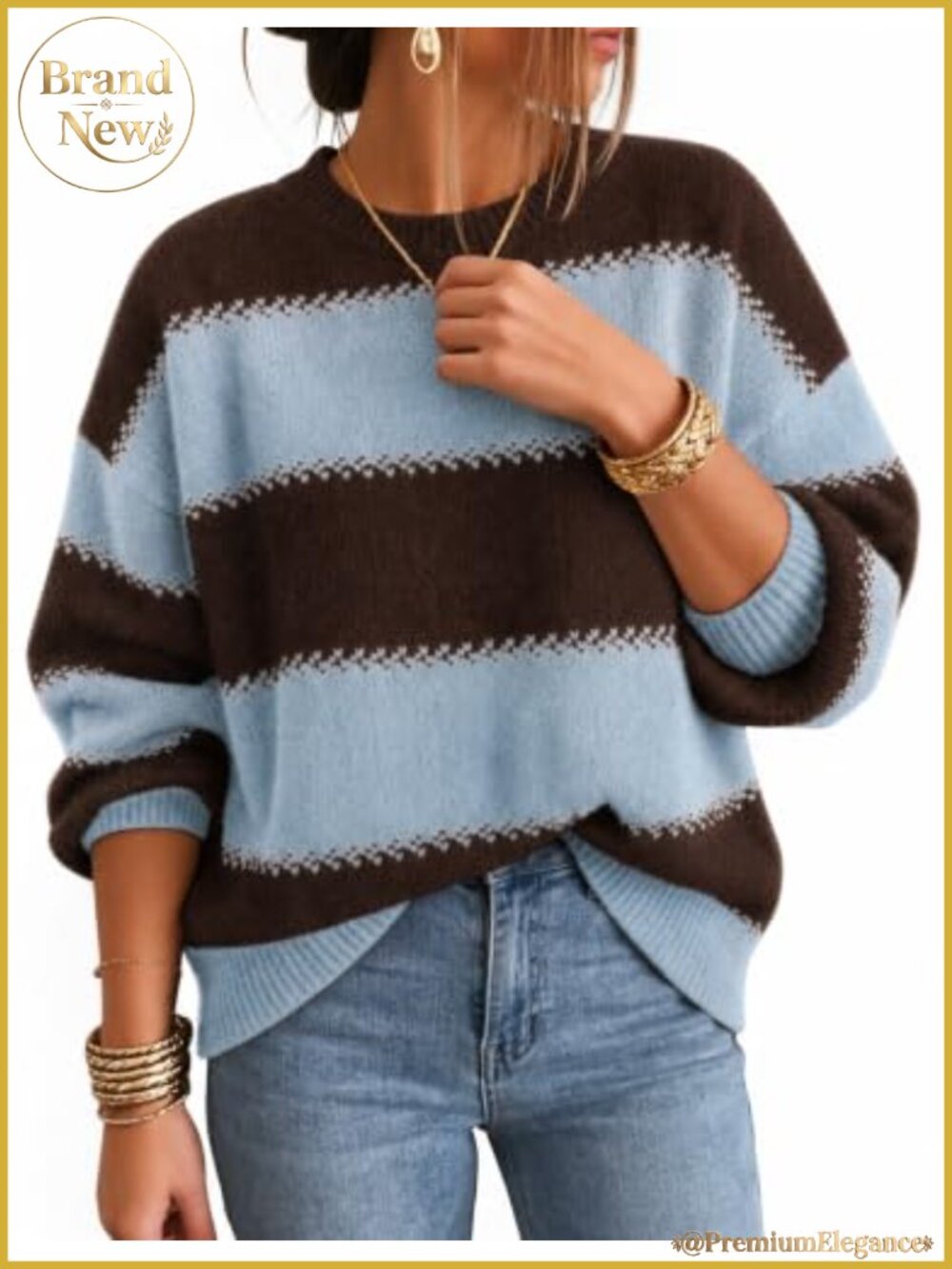 Oversized Striped Knit Long Sleeve Crew Neck Pullover Sweater